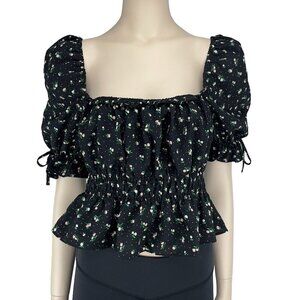 DIVIDED Peplum Peasant Whimsigoth Floral Puff Shoulders Ruched Black Top Sz S